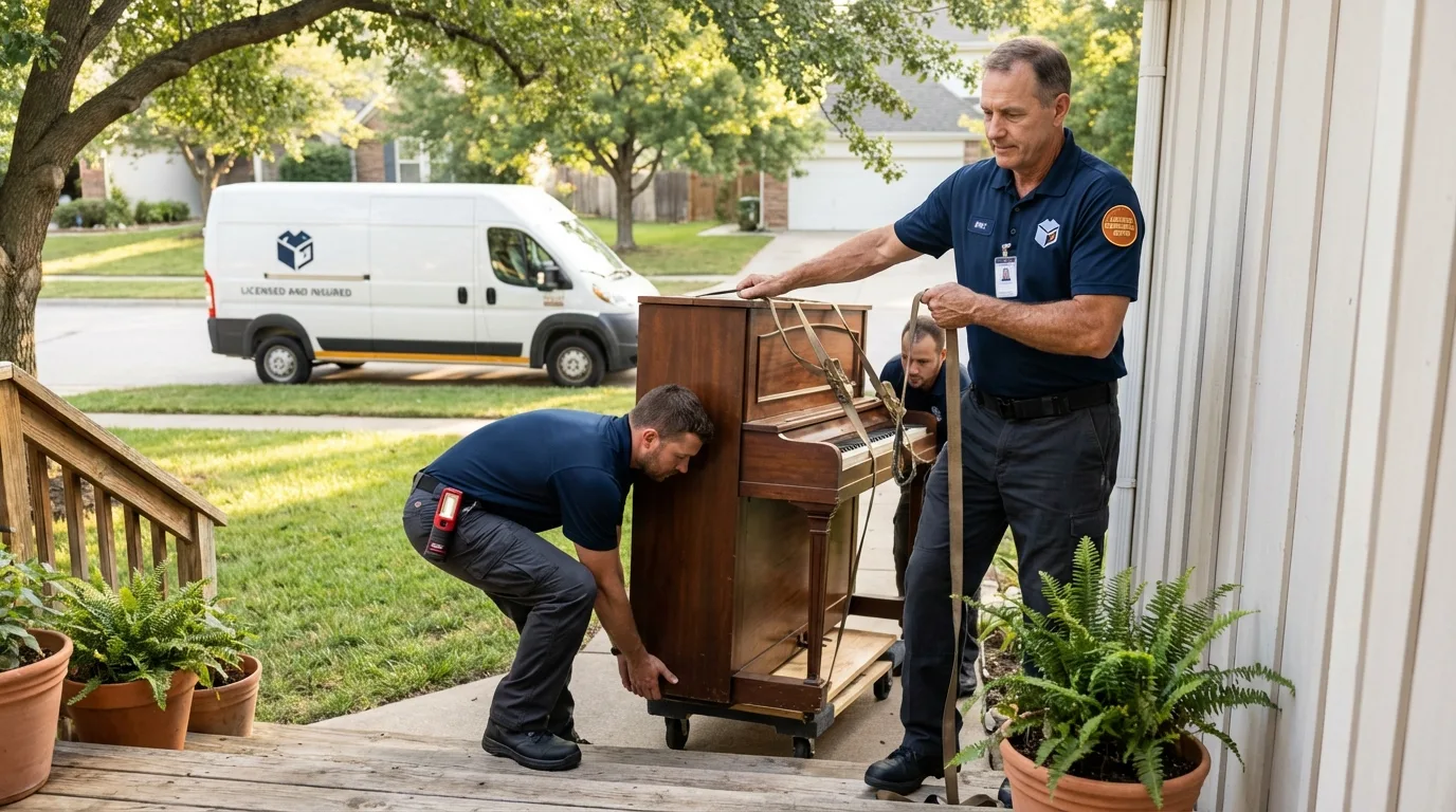 Licensed piano movers securing grand piano in Valley Falls, KS