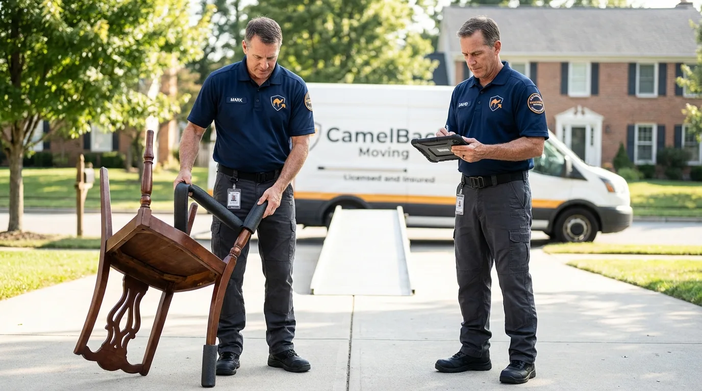 Movers inspecting furniture for damage prevention before loading in Valley Falls, KS